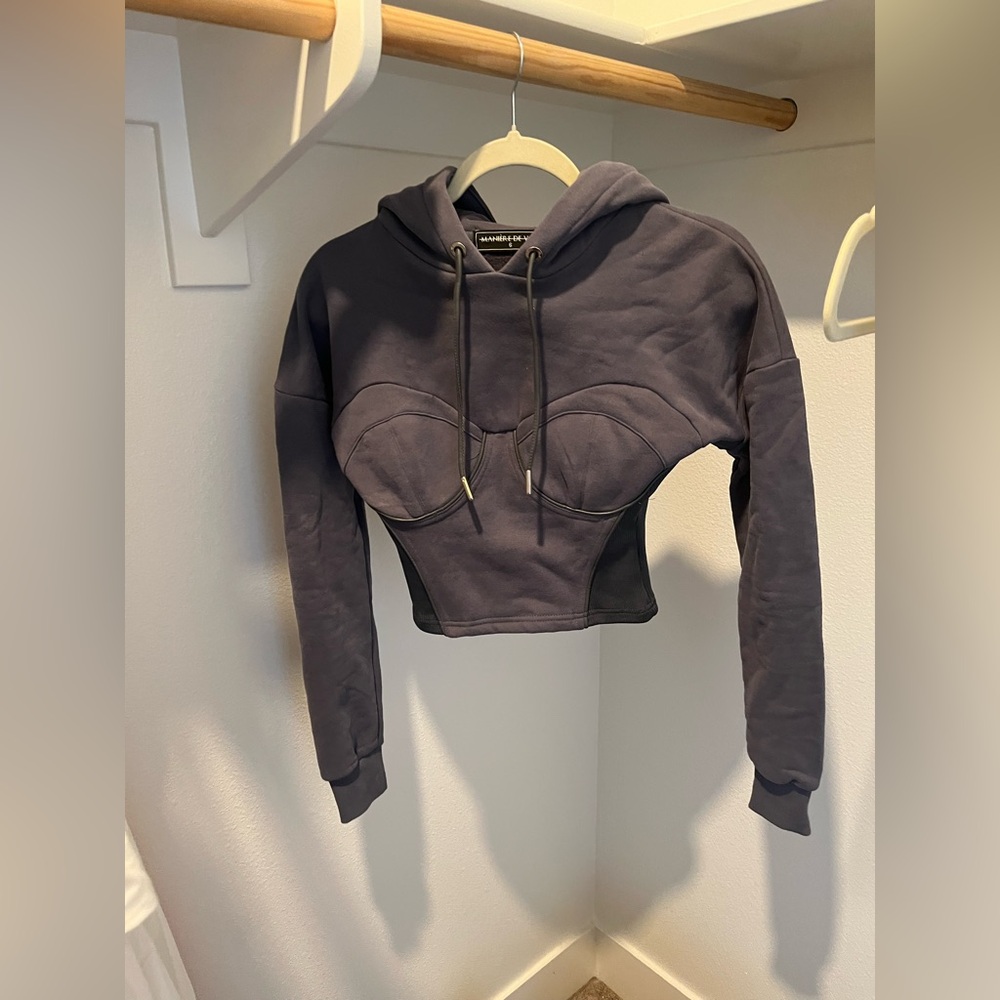 Maniere De Voir Gray Cropped Hoodie Sweater